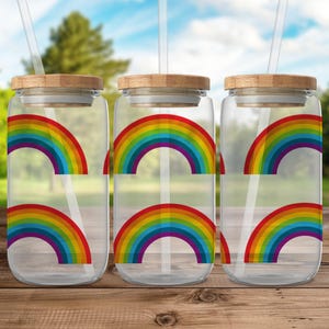 Boîte en verre arc-en-ciel, Verre imprimé arc-en-ciel coloré, Récipients pour boissons respectueux de l&#39;environnement, Tasse en verre transparent réutilisable, Gobelet tendance avec couvercle et paille