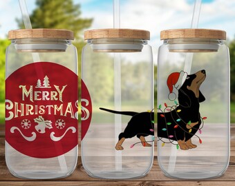 Jultaxburk i glas med lock och sugrör, festlig present till hundälskare, julklappar till wienerbjörn,