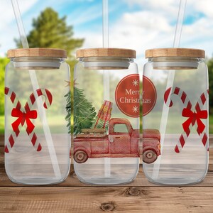 Christmas Truck Can Glass, Holiday-Themed Can Glass, Festive Christmas Decor, Perfect Christmas Gift, Red Truck with Gifts Print