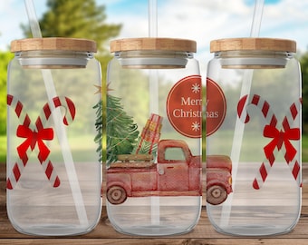 Weihnachts-LKW-Dosenglas, Dosenglas mit Feiertagsmotiven, festliche Weihnachtsdekoration, perfektes Weihnachtsgeschenk, roter LKW mit Geschenkdruck