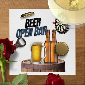 Cocktail- of lunchservetten met open bar-thema bier, ontwerp dartbord en bierfles, rustiek feestdecor, leuke servetten, sets van 50 tot 1000.