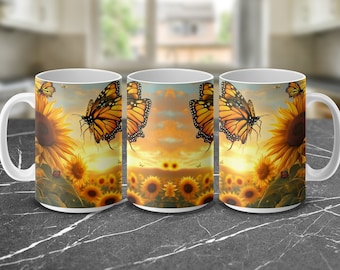 Butterfly and Sunflower Mug Wrap Design, Digital Download for 11oz and 15oz Cups, Vibrant Nature Inspired Graphics