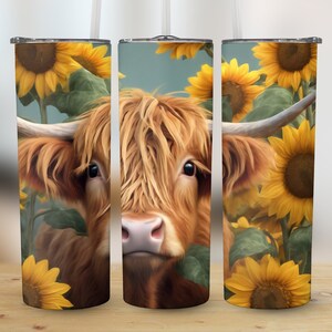 Highland Cow Sunflower Tumbler Design, Rustic Floral Animal Digital PNG