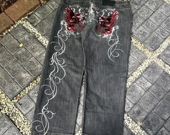 Y2K Baggy Wide Leg Embroidered Dragon Jeans