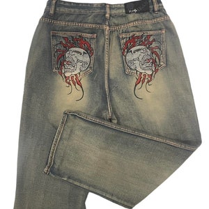 Jeans Y2K con teschio ricamato a gamba larga e larghi immagine 1