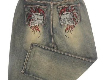 Y2K Baggy Wide Leg Embroidered Skull Jeans