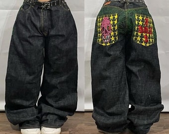 Y2K Baggy Wide Leg Embroidered Skull Jeans