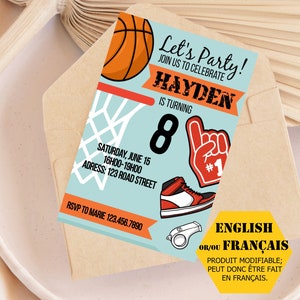 Modello di biglietto d'invito di compleanno per basket tematico anniversario bambino, modificabile e stampabile, BSK01