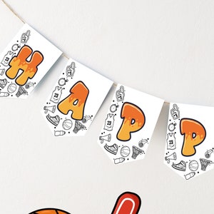 Happy Birthday Banner Dziecięca rocznica gry w koszykówkę / Dekoracja urodzinowa / Natychmiastowe pobranie BSK01