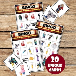 Juego de bingo de película Sing para cumpleaños de niños, actividad de cumpleaños infantil Canta todos en el escenario / 20 tarjetas únicas, DESCARGA INSTANTÁNEA, SNG1