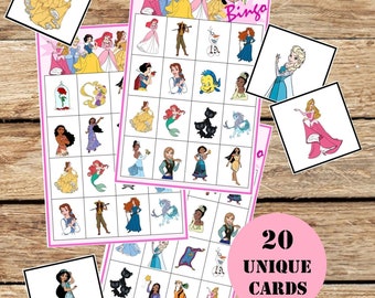Bingo loto birthday game for kids princess, anniversaire enfant activité, 20 unique cards, INSTANT DOWNLOAD