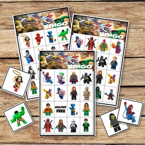 Bingo-Geburtstagsspiel, Superhelden-Block, Superhelden-Bausteinspiel, süßestes lustiges / Loto-Spiel / 20 Karten SOFORT-DOWNLOAD