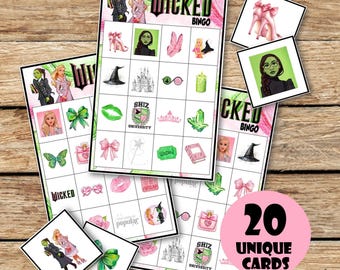 Bingo loto birthday game for kids wicked witches magic pink and green , anniversaire enfant activité, 20 unique cards, INSTANT DOWNLOAD