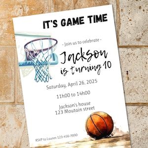Tarjeta de invitación de cumpleaños editable de Baksetball, plantilla de invitación a fiesta de aniversario deportivo, lista para editar, digital imprimible