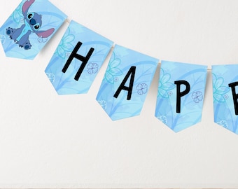 Happy Birthday banner stitchh, blue hawai, Party decor kids anniversary, Printable, INSTANT DOWNLOAD