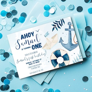 Birthday invitation card template for first Birthday sweet nautical ahoy boy blue boat Birthday Theme 1st Birthday , to edit and print