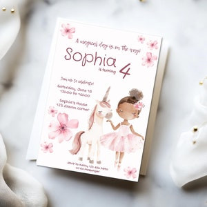 Plantilla de tarjeta de invitación de cumpleaños para niños aniversario unicornio bailarina danza linda acuarela editable DESCARGA INSTANTÁNEA