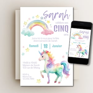 Birthday card invitation template, unicorn rainbow themed children's party invitation editable printable FRENCH VERSION