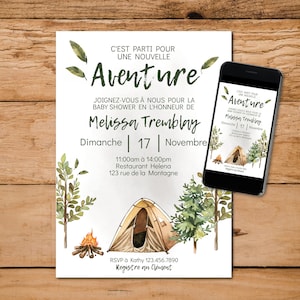 Invitation baby shower carte, shower de bébé évènement, parti pour un nouvelle aventure camping, modifiable imprimable français