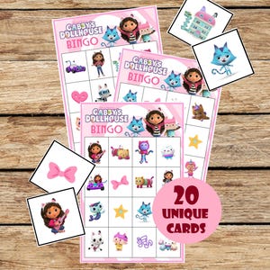 Juego de bingo y lotería para cumpleaños de niños, casa de muñecas rosa para niña, actividad de cumpleaños infantil, 20 tarjetas únicas, DESCARGA INSTANTÁNEA