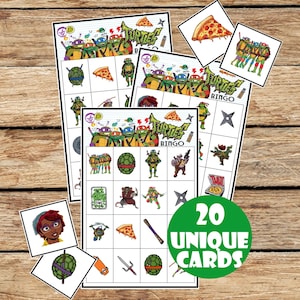 Juego de bingo de cumpleaños para niños, súper tortugas, ninja temático, actividad de juego de bingo para niños, 20 tarjetas únicas, DESCARGA INSTANTÁNEA