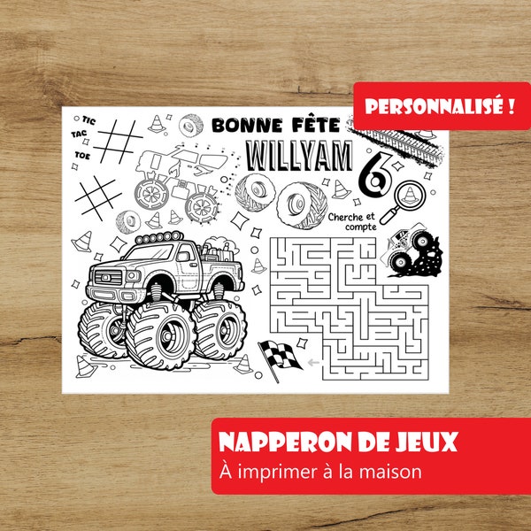 Activities on a fun placemat for personalized children / party and birthday / monstertruck / DIGITAL FILE French version