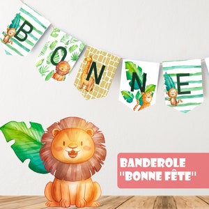 Children's party banner decoration animal safari lion monkey jungle birthday French version
