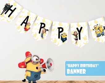 Decorative Banner Kids anniversary minion happy birthday / Birthday's decoration / INSTANT DOWNLOAD