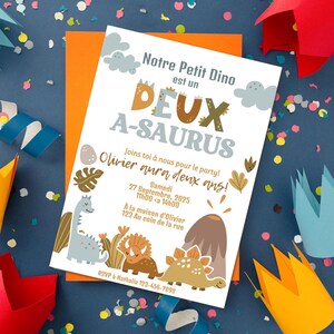 Dino birthday party invitation card editable, Dinosaur invitation, Dinos Party, boy two years old, 2nd birthday FRENCH
