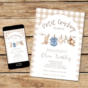Petit cowboy Invitation baby shower carte, shower de bébé évènement, petit cowboy a bord, modifiable imprimable français