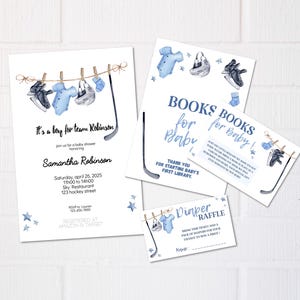 Plantilla editable de invitación para baby shower de hockey, futuro jugador de hockey, invitación para baby shower de hockey, equipo de niños, libros de rifa de pañales para bebé