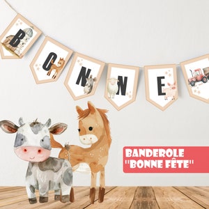 Banner happy birthday child decoration farm animals tractor French version