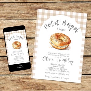 Petit bagel Invitation baby shower carte, shower de bébé évènement, petit bagel a bord, modifiable imprimable français