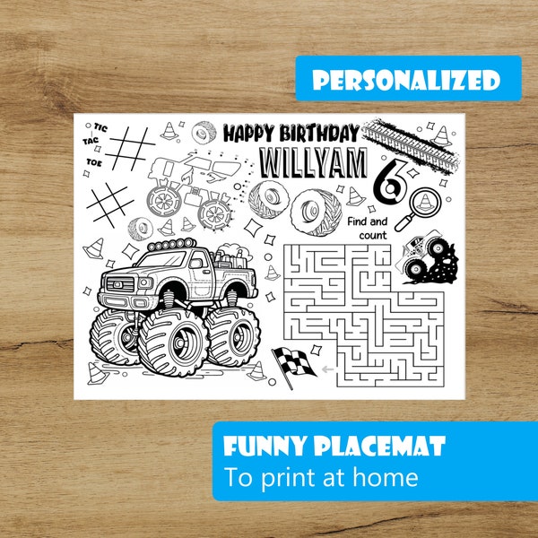 Funny placemat Fun placemat activities for personalized children / party and birthday / Monstertruck / DIGITAL FILE english version