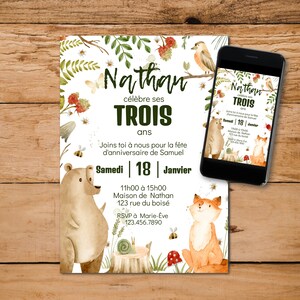 Modèl Invitation carte anniversaire, invitation fête enfant thématique animal forêt woodland  modifiable imprimable VERSION FRANÇAISE