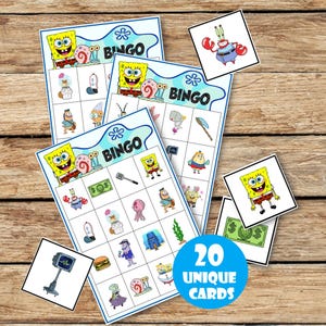 Juego de bingo y lotería para cumpleaños infantiles, divertido Bob Esponja Marina, actividad de cumpleaños infantil con esponja, 20 tarjetas únicas, DESCARGA INSTANTÁNEA