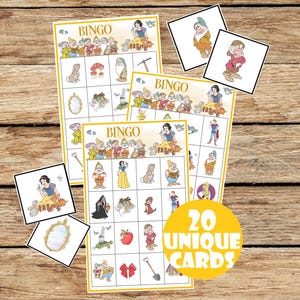 Juego de bingo y lotería para cumpleaños de niños, Blancanieves, película temática de princesas, actividad de cumpleaños para niños, 20 tarjetas únicas, DESCARGA INMEDIATA