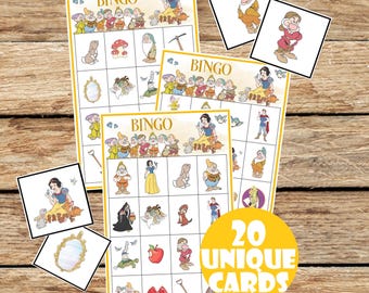 Bingo loto birthday game for kids snow white, princess thematic movie, anniversaire enfant activité, 20 unique cards, INSTANT DOWNLOAD