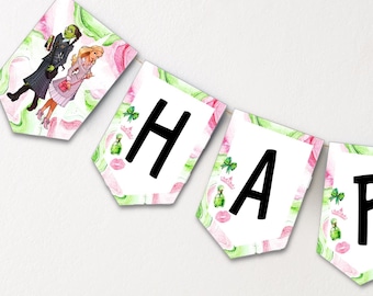 Happy birthday banner decoration anniversary wicked / party decoration witches pink and green magic wicked, printable