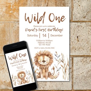Birthday invitation template card, Wild One First birthday, lion jungle, ready to edit  Template Minimalist