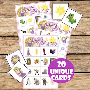 Bingo loto birthday game for kids tangled princess cute magical , anniversaire enfant activité, 20 unique cards, INSTANT DOWNLOAD