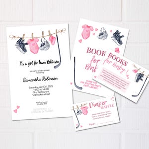 Plantilla editable de invitación para baby shower de hockey, futuro jugador de hockey, invitación para baby shower de hockey, equipo femenino, libros para rifa de pañales para bebé
