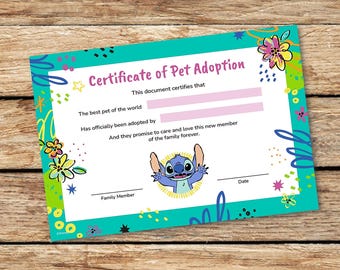 Certificado de adoção de animal de pelúcia bordado para crianças, certificado de pelúcia, pronto para imprimir, DOWNLOAD INSTANTÂNEO