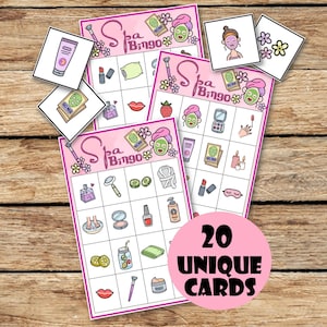 Spa day Bingo loto birthday game for kids pink girl girly make up , anniversaire enfant activité, 20 unique cards, INSTANT DOWNLOAD