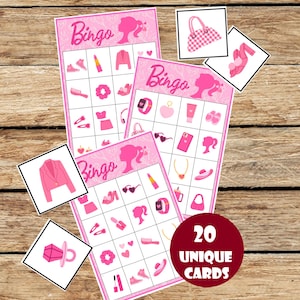 Gioco di compleanno del bingo lotto per bambini, principessa rosa bambola ragazza, attività di compleanno per bambini, 20 carte uniche, DOWNLOAD IMMEDIATO