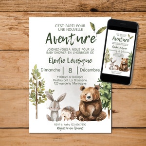 Invitation baby shower carte, shower de bébé évènement, parti pour un nouvelle aventure animal forêt modifiable imprimable français
