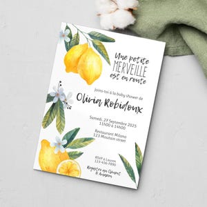 Baby shower invitation carte, shower de bébé invitation une petite merveille citron agrume minimalist, bébé à bord en route, français