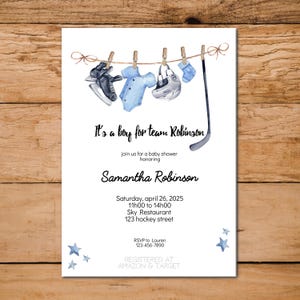 Plantilla editable de invitación para baby shower de hockey, futuro jugador de hockey, invitación para baby shower de hockey, es un equipo de chicos, minimalista
