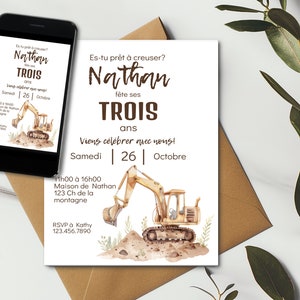 Invitation Card Party Theme Construction Birthday Ready To Dig Vehicle Tractor Excavation Dump Truck Minimalist