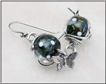 Butterfly lampwork  Earrings,   lampwork  earrings,  black earrings